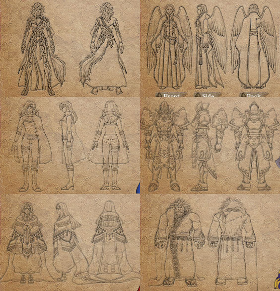 Diseños de personajes (FE10)
Muestra a los personajes vistos de distintos lados. Son del sitio oficial japonés Fire emblem Background.
De izquierda a derecha empezando por arriba: Nailah, Rafiel, Heather, Tauroneo, Sanaki y Caineghis.
