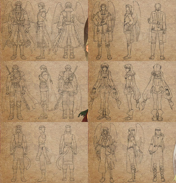 Diseños de personajes (FE10)
Muestra a los personajes vistos de distintos lados. Son del sitio oficial japonés Fire emblem Background.
De izquierda a derecha empezando por arriba: Tibarn, Neasala, Ike, Mist, Ranulf, Reyson.
