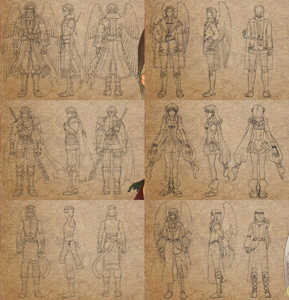 Diseños de personajes (FE10)
Muestra a los personajes vistos de distintos lados. Son del sitio oficial japonés Fire emblem Background.
De izquierda a derecha empezando por arriba: Tibarn, Neasala, Ike, Mist, Ranulf, Reyson.
