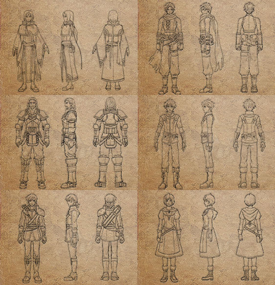 Diseños de personajes (FE10)
Muestra a los personajes vistos de distintos lados. Son del sitio oficial japonés Fire emblem Background.
De izquierda a derecha empezando por arriba: Soren, Sothe, Nolan, Edward, Leonardo, Laura.
