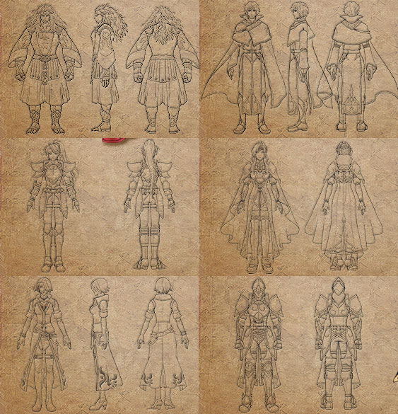 Diseños de personajes (FE10)
Muestra a los personajes vistos de distintos lados. Son del sitio oficial japonés Fire emblem Background.
 De izquierda a derecha empezando por arriba: Skrimir, Pelleas, Jill, Elincia, Lucia y Geoffrey (esta correcto).

