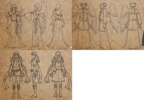 Diseños de personajes (FE10)
Muestra a los personajes vistos de distintos lados. Son del sitio oficial japonés Fire emblem Background.
 De izquierda a derecha empezando por arriba: Leane, Nealuchi, Micaiah.
