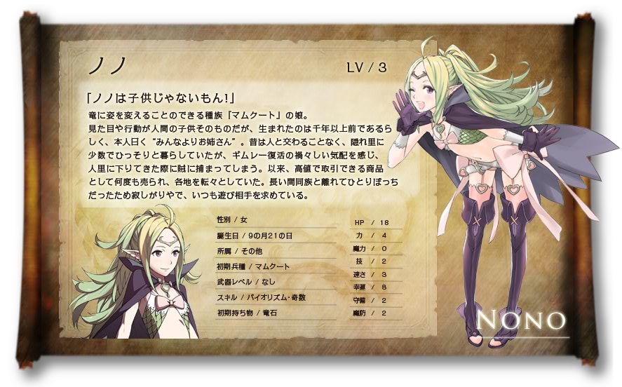 Nowi
Curiosamente, menciona que vivió en una villa oculta y sola, hasta que ocurren los eventos del juego donde aparece inicialmente.
