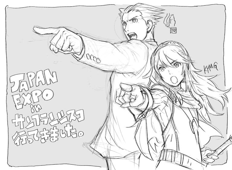Esbozo por Yuusuke Kozaki y Tatsuro Iwamoto
Hecho con Tatsuro Iwamoto (ilustrador de los Ace Attorney) por la convención Japan Expo 2013 donde estuvieron como invitados.
Palabras clave: Lucina