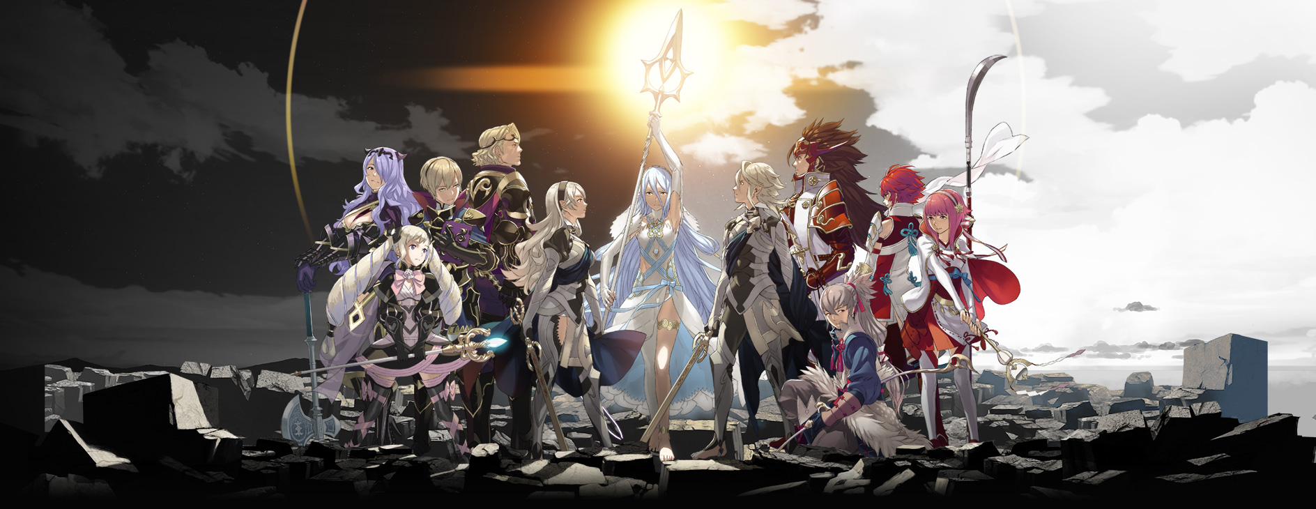 Ilustración con todos los personajes (1)
Palabras clave: Gunter Flora Camilla Elise Leo Xander Corrin Azura Ryoma Takumi Hinoka Sakura Felicia Jakob