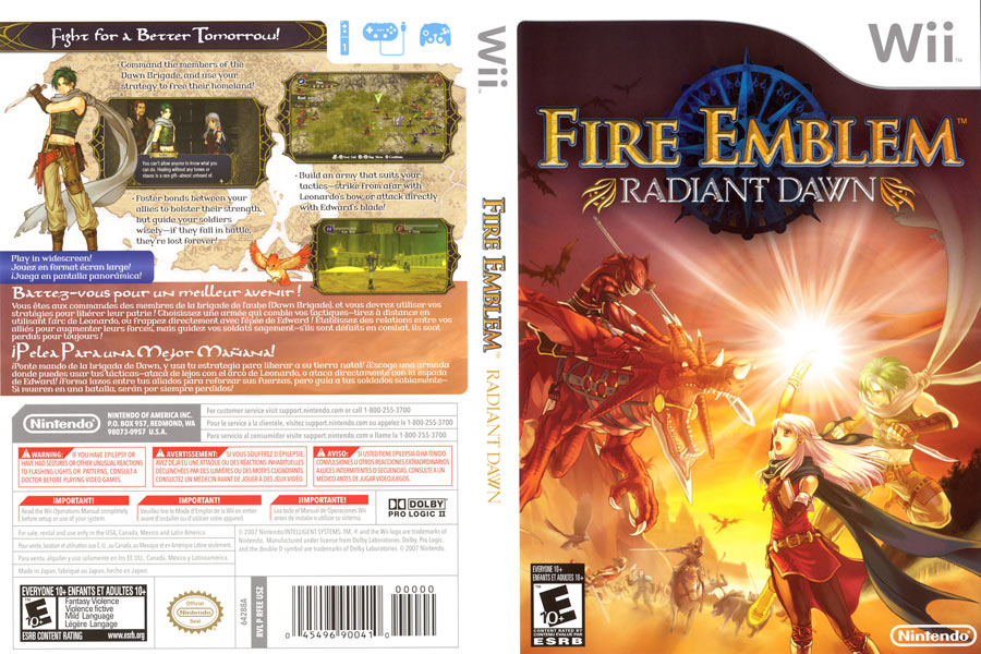 Cover / Caratula  de Fire Emblem Radiant Dawn Americano
Aunque está en español también (como el manual) el juego es solo en inglés.

[url=https://www.fireemblemwod.com/descargas/caratula_FE10.rar]Descargar[/url] - 3215x2144 px (1,7mb)
Palabras clave: RadiantDawn