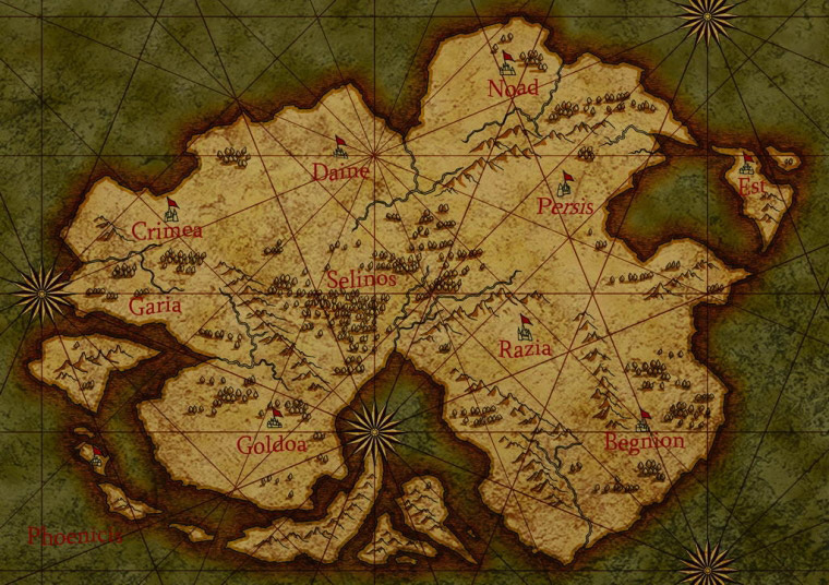 Tellius (beta 1)
Este es un antiguo artwork que mostraron por el inicio del 2004... el mapa final solo muestra parte de este mapa. [url=https://www.fireemblemwod.com/fe9/cambios-durante-el-desarrollo.htm]Más información.[/url]
