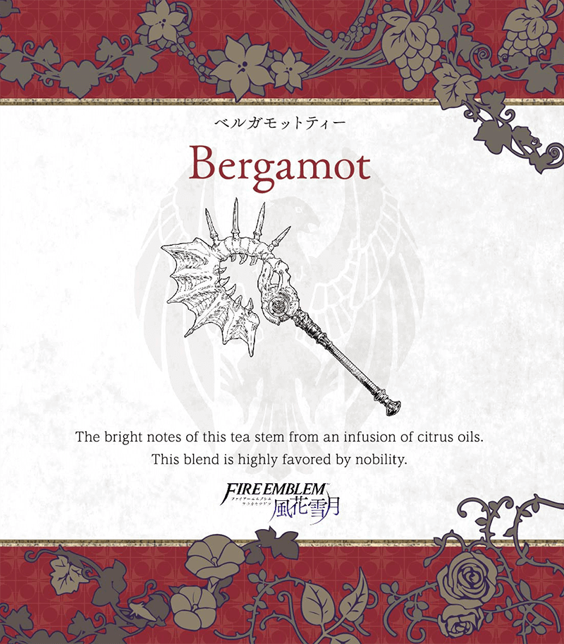 Bergamot
Parte del [url=https://www.fireemblemwod.com/articulo-1478358486]set oficial de té[/url] de Three Houses.
