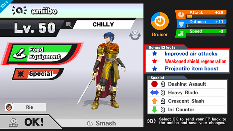 41 (1) (03/12/2014)
"Para entrenar tu amiibo, es importante darle dedicación en peleas. Si peleas contra tu amiibo con el mismo personaje, puedes actuar como su maestro y ayudarle a aprender movimientos con facilidad. Dicho eso, es también es importante "alimentar" el equipamiento de tu amiibo para hacerlos más fuertes y darle habilidades especiales."
