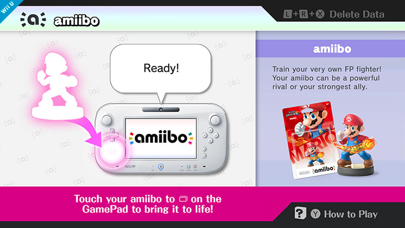 31 (1) (06/10/2014)
"Por primera vez en la serie Super Smash Bros., puedes jugar con una colección de trofeos de la vida real en la forma de amiibo. Simplemente ponlos en esta parte del GamePad. Esta pantalla en particular es dedicada a activar amiibo, pero puedes también hacerlo en el GamePad en la pantalla de selección de personajes para hacer que ese personaje se una a la batalla."
