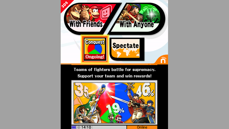 25 (15/09/2014)
 25 (15/09/2014)
"Ya que el juego está en Japón, Conquista estará disponible en el multijugador online. Así será en la versión extranjera. Se engloban victorias de ciertos equipos por tiempo limitado y determina el ganador. Si usas un luchador participante en Con Todos, estás en Conquista. Por un corto tiempo será beta.
También, datos de jugadores que aparentan perder serán removidos del cálculo. Y no es necesario molestarse con este modo por ti mismo, no te excedas".
