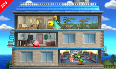 23 (1) (23/07/2014)
"¡Es el escenario de Tomodachi Life que es exclusiva de la versión de 3DS! Las paredes frontales desaparecen para que puedas ver el área dentro cuando un jugador se sobrepone con la habitación. Estas son ubicadas al azar y seleccionadas de entre diversos tipos.  Poner una Bomba X detrás de una pared puede ser una táctica efectiva."
